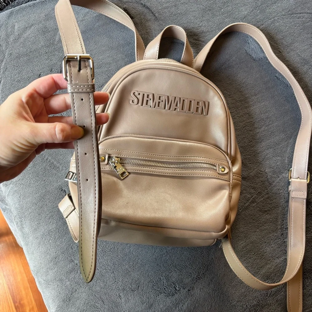 New Steve Madden Backpack Purse, Faux Leather, Silver Hardware, Taupe / Tan